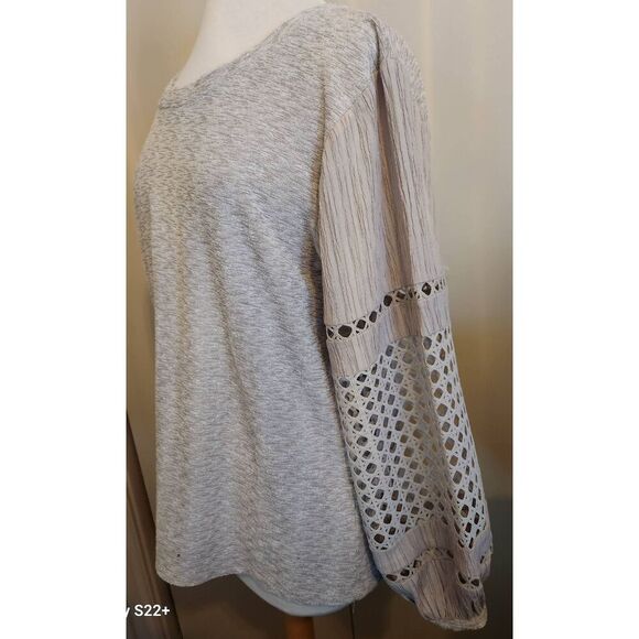 T83 See And Be Seen lightweight crocheted long-sleeve top heather taupe Sz L - Picture 6 of 11